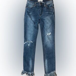Free People Blue Straight Leg Distressed Denim Jeans with Frayed Hem Size 24